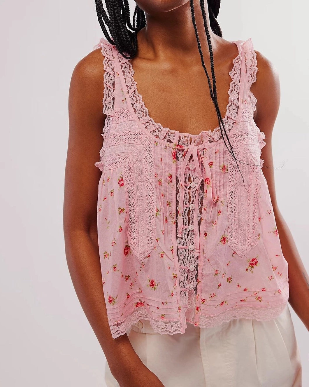 Pink Floral Lace Patchwork Sheer Camisole Crop Top