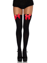 Load image into Gallery viewer, Black Opaque Thigh Highs with Red Satin Bow Accent
