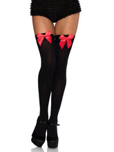 Load image into Gallery viewer, Black Opaque Thigh Highs with Red Satin Bow Accent
