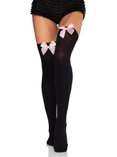 Load image into Gallery viewer, Black Opaque Thigh Highs with Pink Satin Bow Accent
