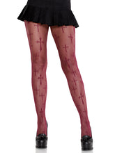 Load image into Gallery viewer, Burgundy Worship Me Cross Net Tights
