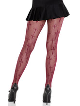 Load image into Gallery viewer, Burgundy Worship Me Cross Net Tights
