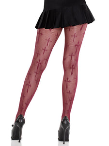 Burgundy Worship Me Cross Net Tights