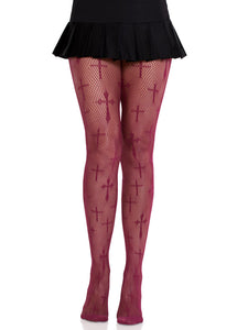 Burgundy Worship Me Cross Net Tights