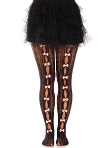 Black with Pink Bows Sweetheart Striped Tights