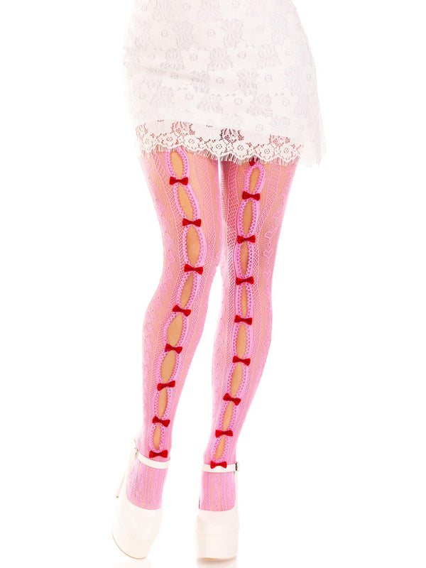 Pink with Red Bows Sweetheart Striped Tights
