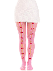 Pink with Red Bows Sweetheart Striped Tights