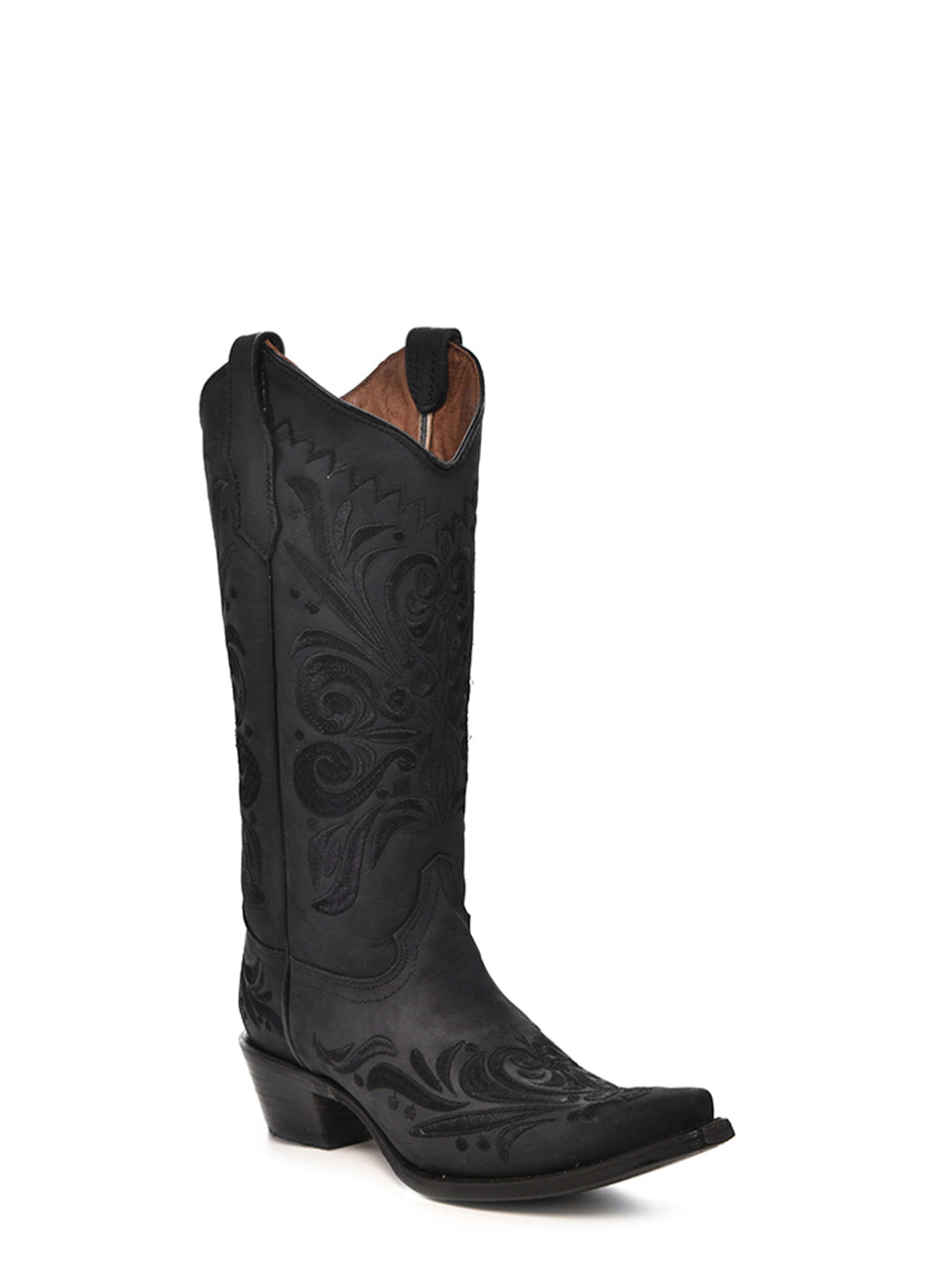 Black Embroidery Snip Toe Cowboy Boots