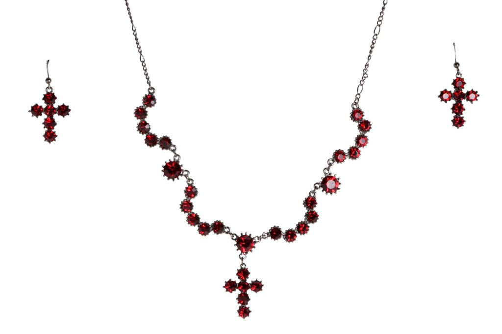 Red Gem Cross Necklace and Earring Set