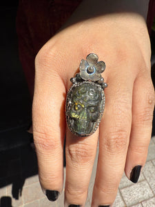 Flower Crowned Labradorite Sugar Skull Statement Ring