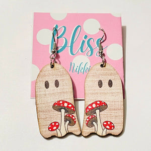 Mushroom Ghost Wooden Statement Earrings