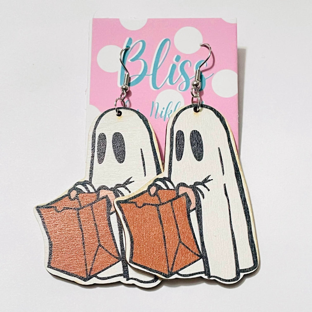 Paper Bag Trick or Treat Ghost Wooden Statement Earrings