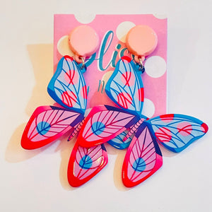 Pink and Blue Butterfly Acrylic Statement Earrings