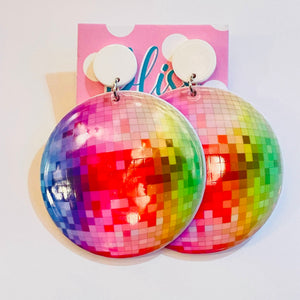 Rainbow Disco Ball Statement Earrings