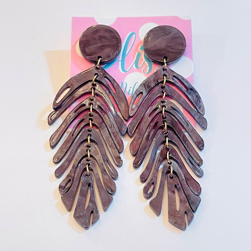 Black Marble Flexible Palm Frond Acrylic Statement Earrings