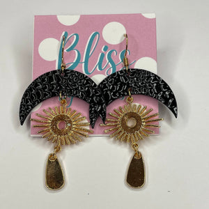 Hammered Black Crescent and Starburst Statement Earrings