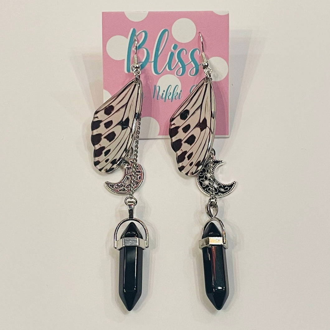 Butterfly Wing, Moon, and Black Crystal Statement Earrings