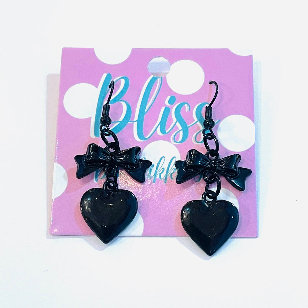 Black Heart and Bow Statement Earrings