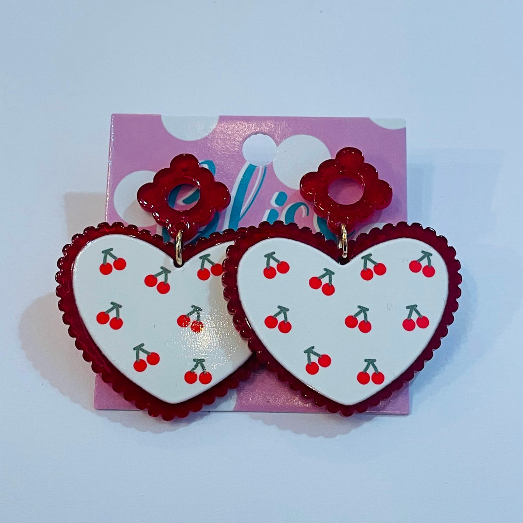Scalloped Cherry Heart Acrylic Statement Earrings