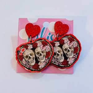 Floral Hearts with Skulls Statement Earrings