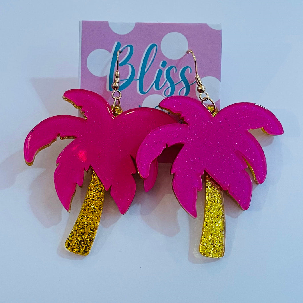 Pink and Gold Palm Tree Acrylic Statement Earrings