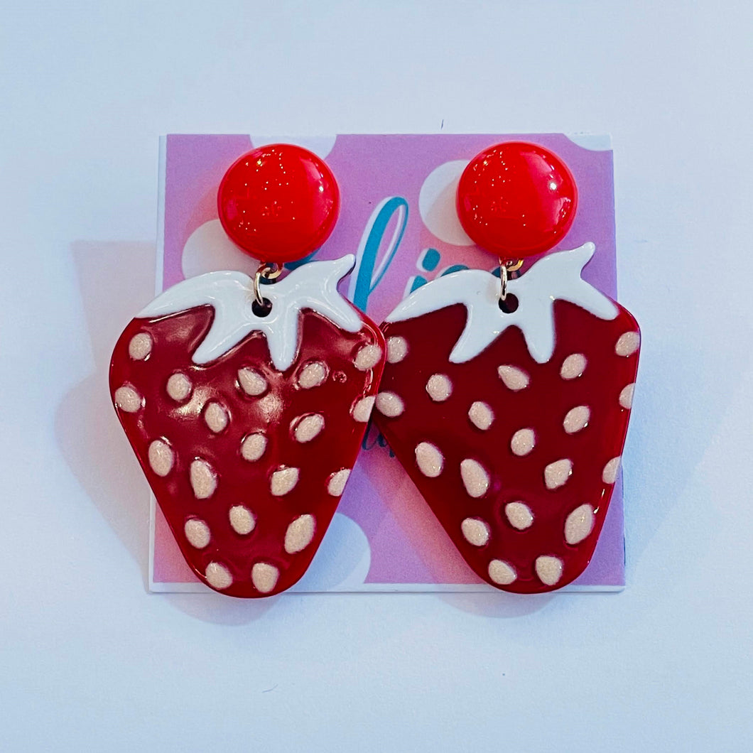 White Topped Strawberry Acrylic Statement Earrings