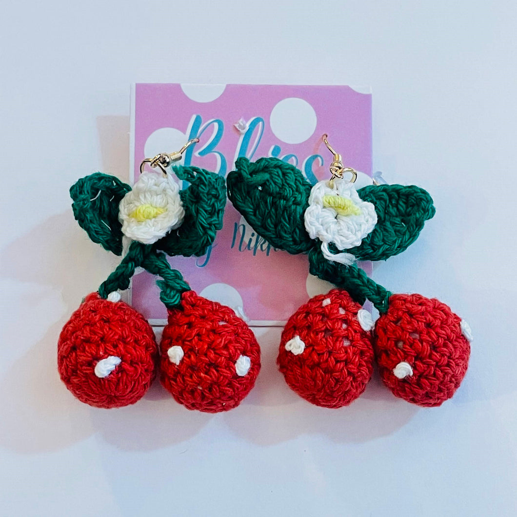 Spotted Crochet Cherries Statement Earrings