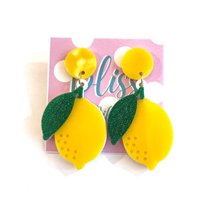 Glitter Leaf Lemon Acrylic Statement Earrings