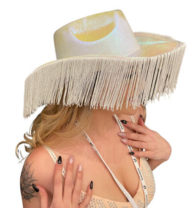 Opal White Metallic Cowbow Hat with Fringe