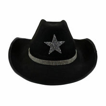 Load image into Gallery viewer, Black Cowboy Hat with Stars and Rhinestone Chain

