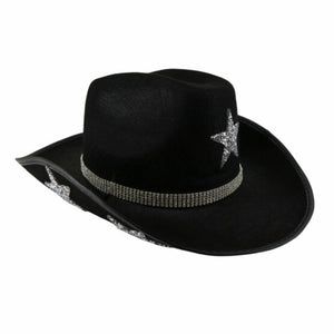 Black Cowboy Hat with Stars and Rhinestone Chain