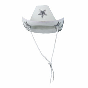 White Cowboy Hat with Stars and Rhinestone Chain
