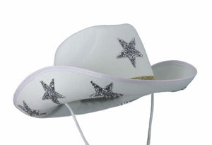 White Cowboy Hat with Stars and Rhinestone Chain