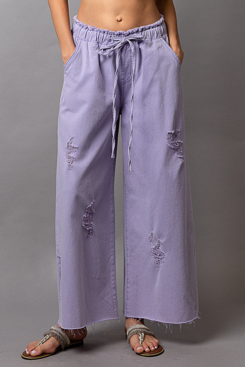 Lavender Distressed Denim Wide Leg Pants