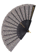 Load image into Gallery viewer, reverse view of handheld fan with black and gray pattern on a white background
