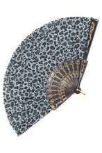 Load image into Gallery viewer, Handheld fan with leopard print fabric and decorative black frame on a white background
