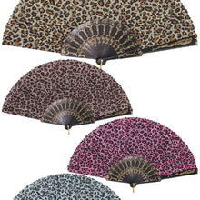 Load image into Gallery viewer, Set of four patterned fans with leopard print and other designs on a white background

