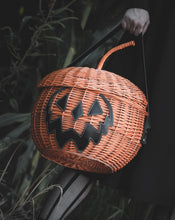 Load image into Gallery viewer, Haunted Hallows Orange Pumpkin Jack O Lantern Wicker Picnic Basket Bag
