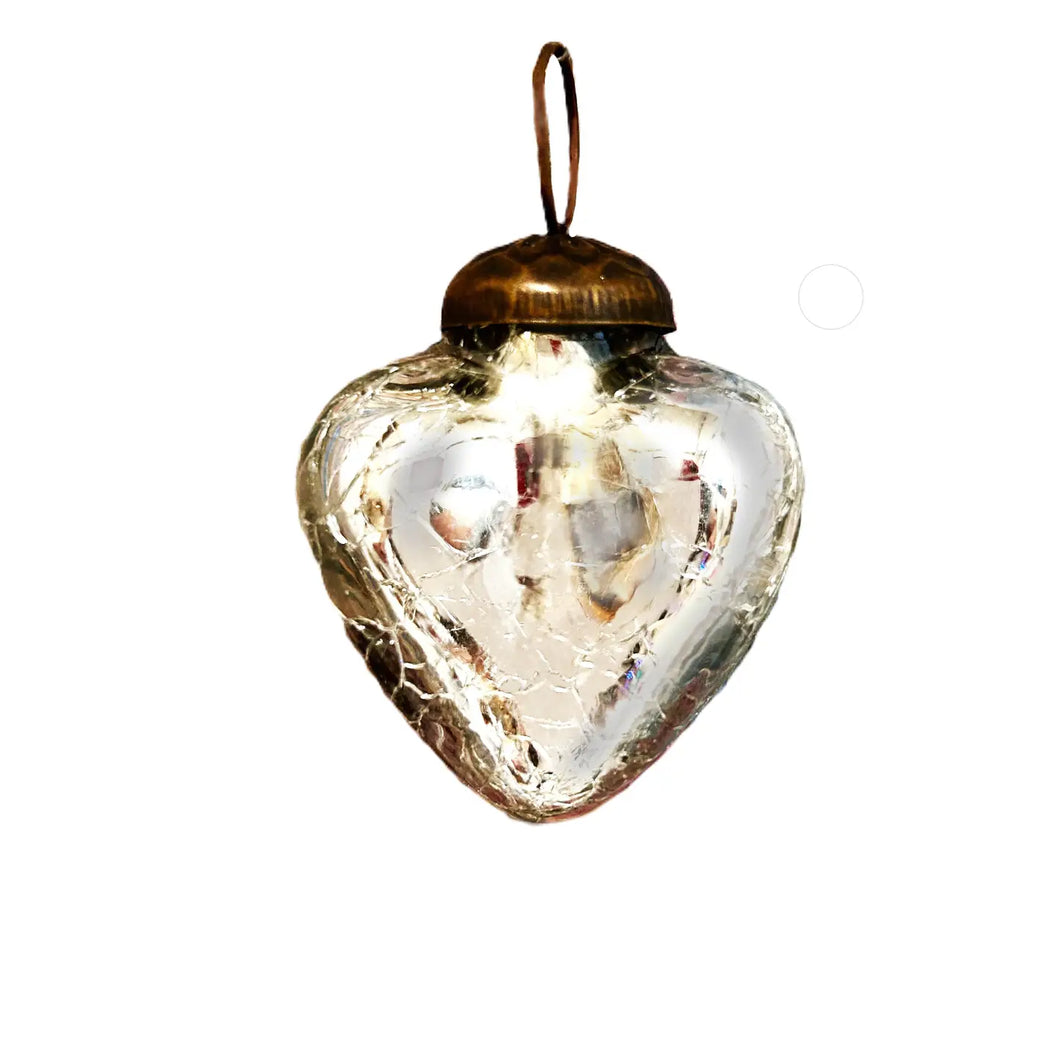 Mini Silver Crackle Glass Heart Ornament