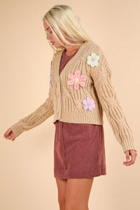 Flower Applique Hand Made Knit Sweater