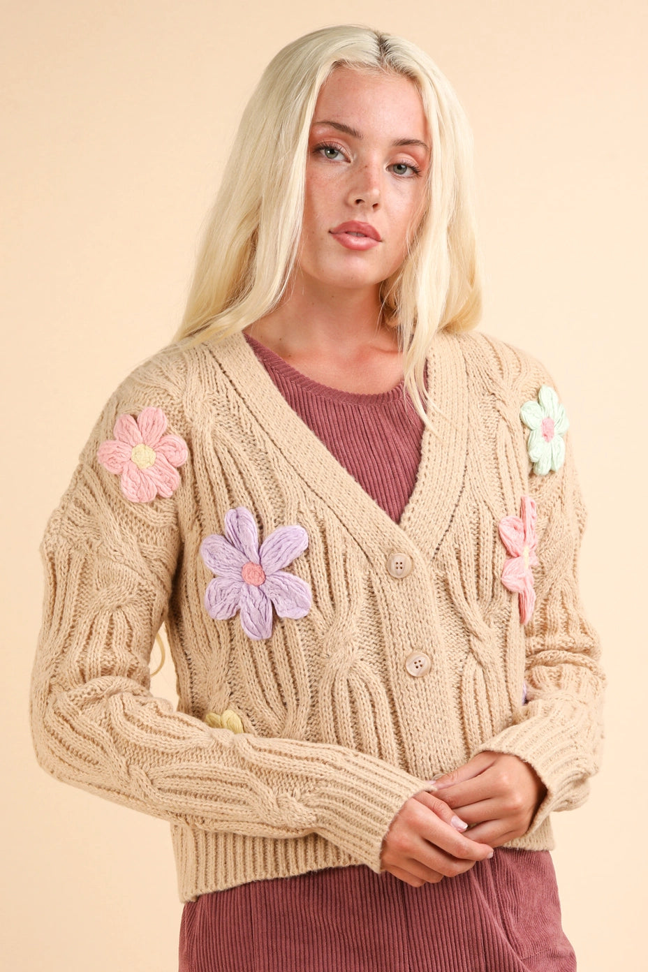 Flower Applique Hand Made Knit Sweater