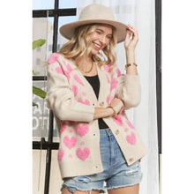 Load image into Gallery viewer, Oatmeal and Fuchsia Hearts Knit Sweater Cardigan
