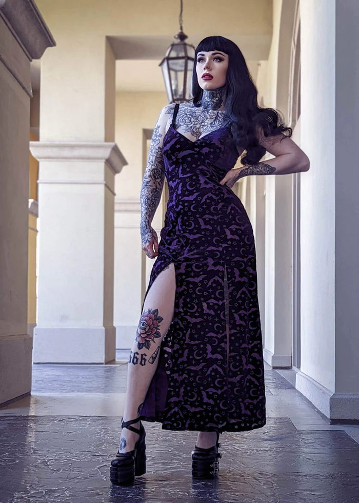 open lace back dress Lunar Goddess Purple Bats and Moons Velvet Burnout Slip Dress
