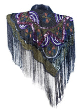 Load image into Gallery viewer, A black beaded shawl with intricate multicolor sequin patterns and long fringe, displayed against a plain white background.

