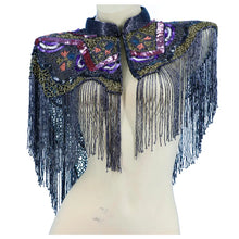 Load image into Gallery viewer, A dark navy blue beaded and sequined fringed collar or shrug with purple, pink, and gold embroidery, displayed on a cream mannequin torso against a white background.
