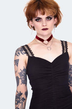 Load image into Gallery viewer, Woman wearing a black dress with lace details and a red choker on a white background
