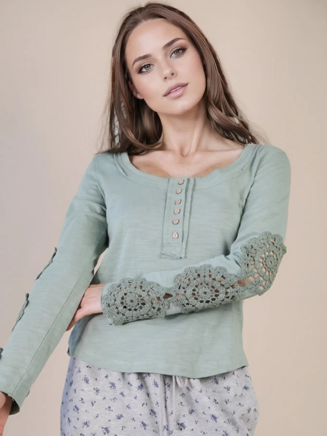 Sage Lace Trim Long Sleeve Crop Top