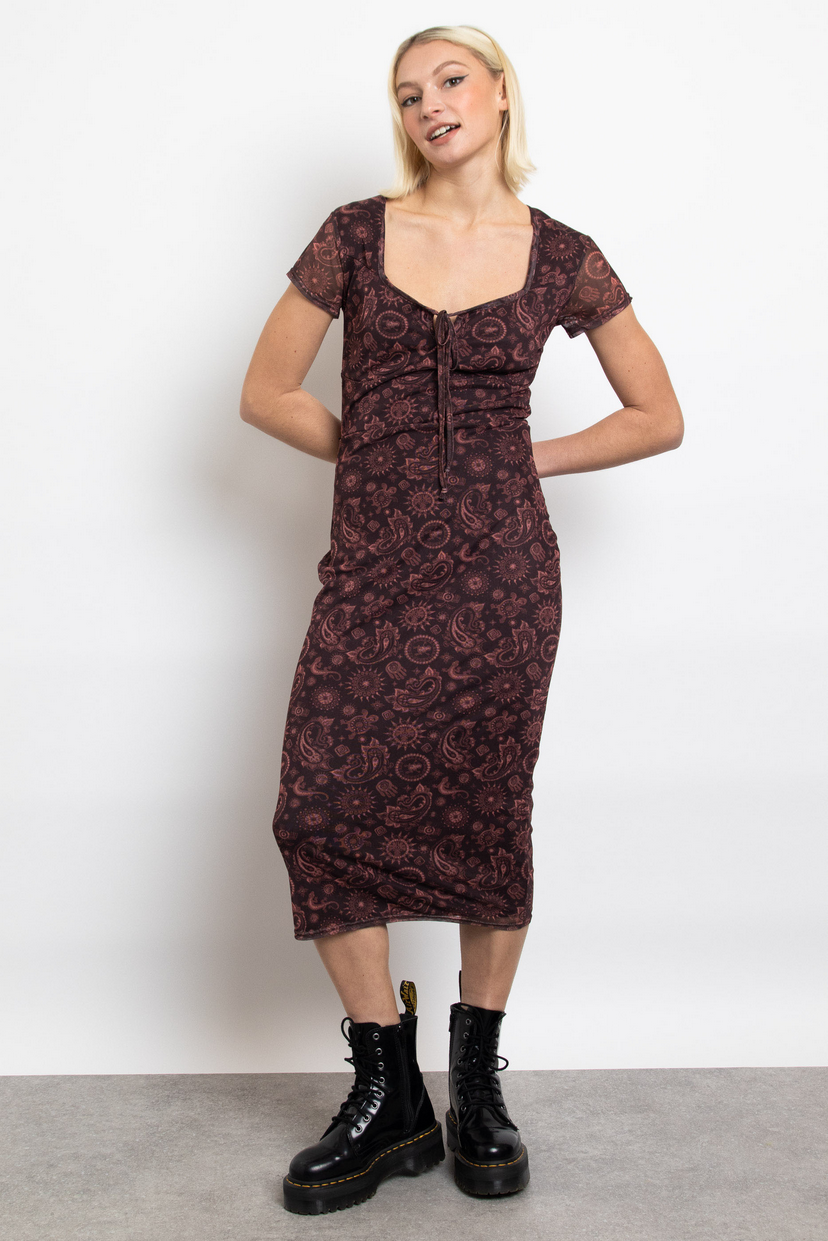 Burgundy Paisley Mesh Short Sleeve Midi Dress