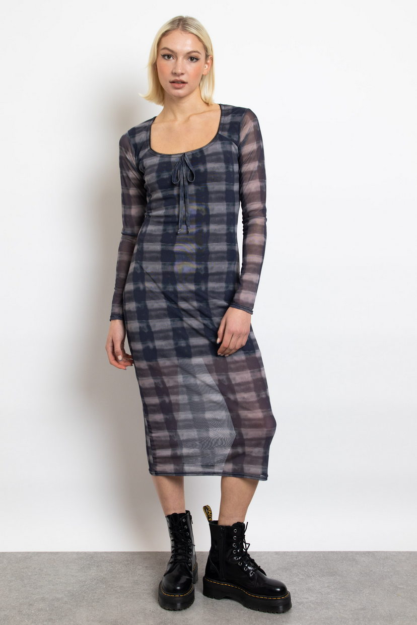 Dark Check Grunge Mesh Long Sleeve Midi Dress