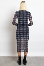 Load image into Gallery viewer, Dark Check Grunge Mesh Long Sleeve Midi Dress
